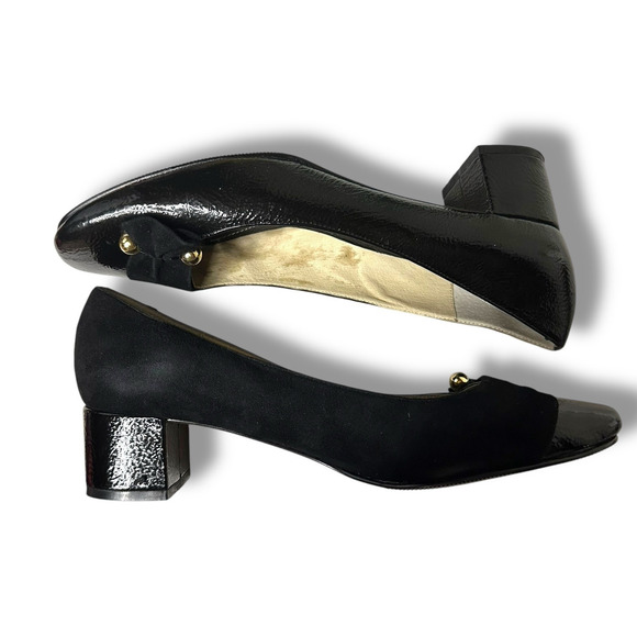 Perlina Pumps Peaches Low Block Heel Gold Details Suede and Patent Leather 9.5M - Picture 5 of 16